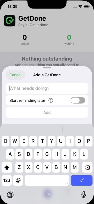 GetDone quick-add card with the iPhone keyboard