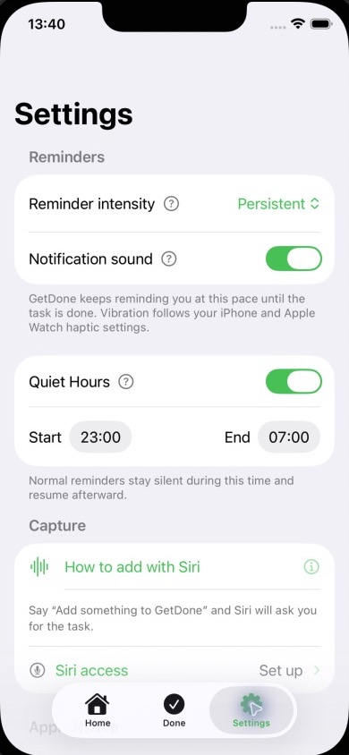 GetDone reminder, quiet hours and Siri settings