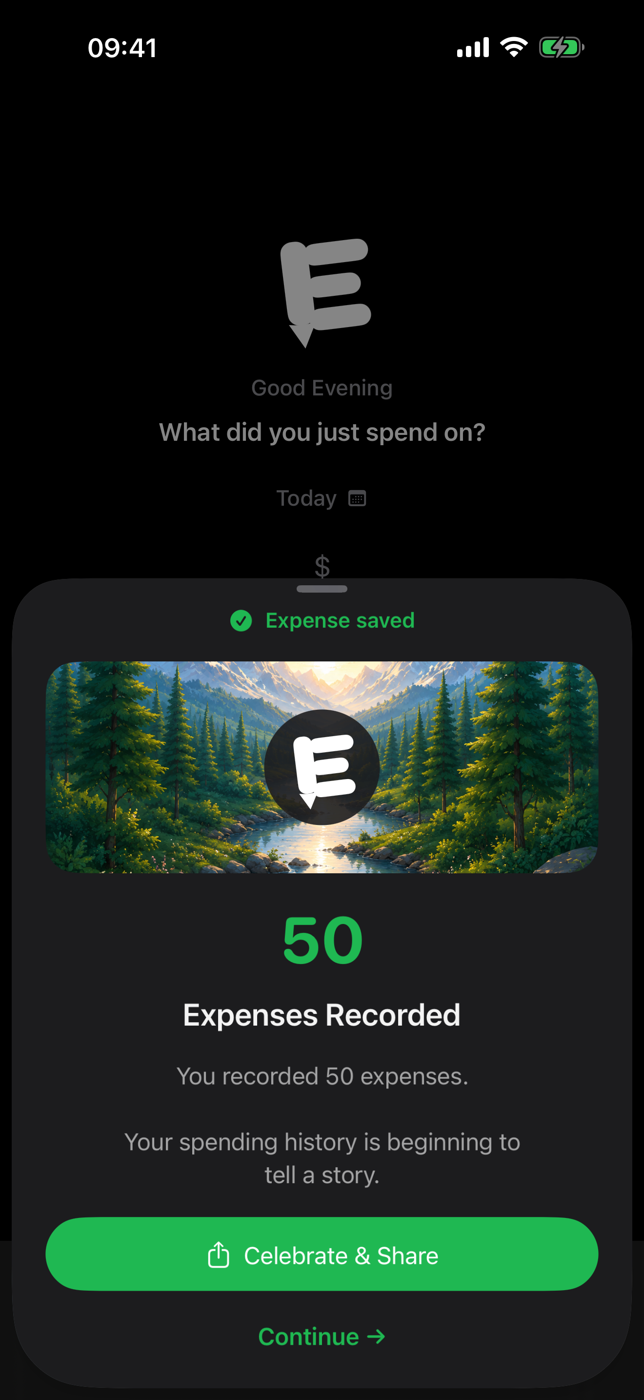 E milestone celebration in dark mode